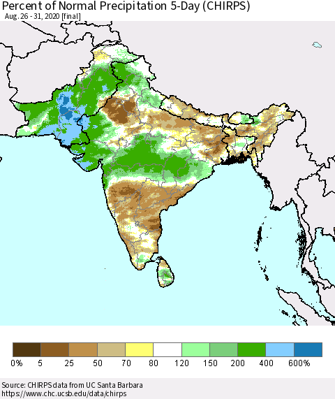 Southern Asia Percent of Normal Precipitation 5-Day (CHIRPS) Thematic Map For 8/26/2020 - 8/31/2020
