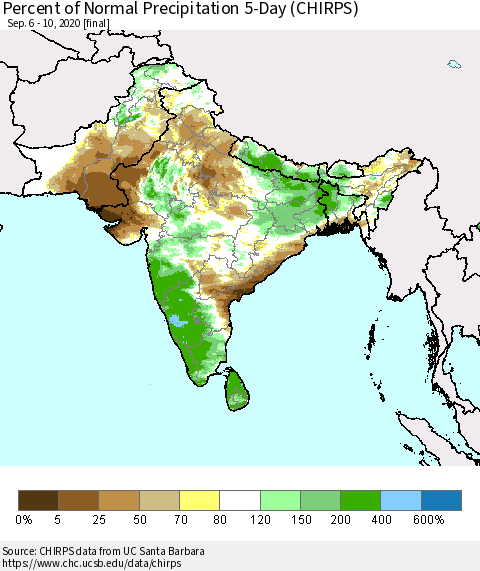 Southern Asia Percent of Normal Precipitation 5-Day (CHIRPS) Thematic Map For 9/6/2020 - 9/10/2020