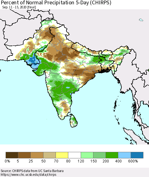 Southern Asia Percent of Normal Precipitation 5-Day (CHIRPS) Thematic Map For 9/11/2020 - 9/15/2020