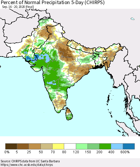 Southern Asia Percent of Normal Precipitation 5-Day (CHIRPS) Thematic Map For 9/16/2020 - 9/20/2020