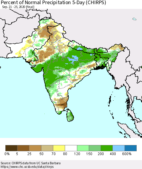Southern Asia Percent of Normal Precipitation 5-Day (CHIRPS) Thematic Map For 9/21/2020 - 9/25/2020