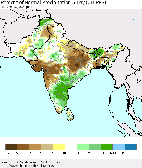 Southern Asia Percent of Normal Precipitation 5-Day (CHIRPS) Thematic Map For 9/26/2020 - 9/30/2020