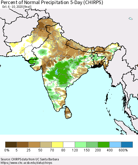 Southern Asia Percent of Normal Precipitation 5-Day (CHIRPS) Thematic Map For 10/6/2020 - 10/10/2020