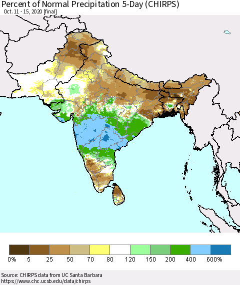 Southern Asia Percent of Normal Precipitation 5-Day (CHIRPS) Thematic Map For 10/11/2020 - 10/15/2020