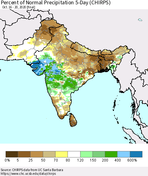 Southern Asia Percent of Normal Precipitation 5-Day (CHIRPS) Thematic Map For 10/16/2020 - 10/20/2020