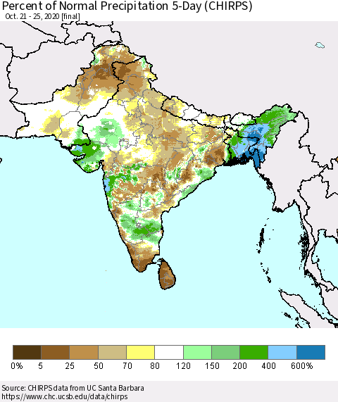Southern Asia Percent of Normal Precipitation 5-Day (CHIRPS) Thematic Map For 10/21/2020 - 10/25/2020