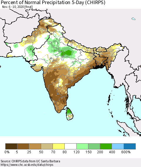 Southern Asia Percent of Normal Precipitation 5-Day (CHIRPS) Thematic Map For 11/6/2020 - 11/10/2020