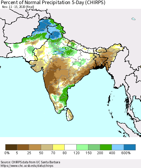 Southern Asia Percent of Normal Precipitation 5-Day (CHIRPS) Thematic Map For 11/11/2020 - 11/15/2020