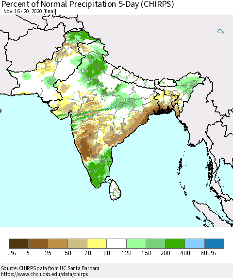 Southern Asia Percent of Normal Precipitation 5-Day (CHIRPS) Thematic Map For 11/16/2020 - 11/20/2020