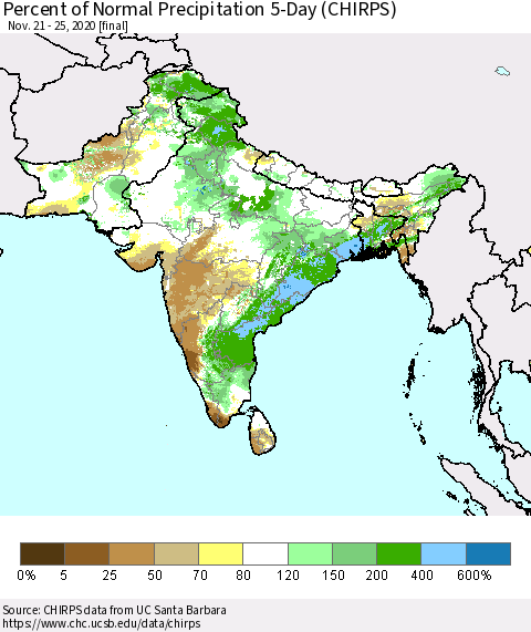 Southern Asia Percent of Normal Precipitation 5-Day (CHIRPS) Thematic Map For 11/21/2020 - 11/25/2020