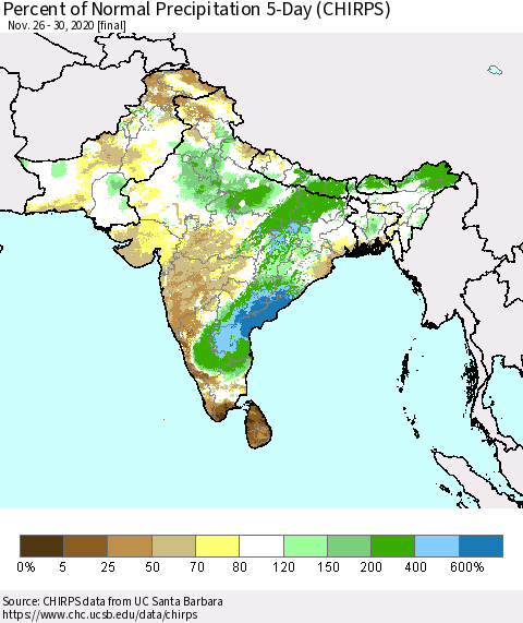 Southern Asia Percent of Normal Precipitation 5-Day (CHIRPS) Thematic Map For 11/26/2020 - 11/30/2020