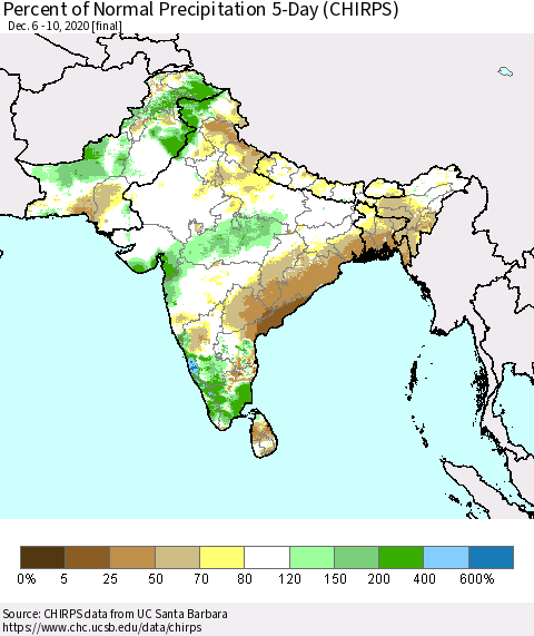Southern Asia Percent of Normal Precipitation 5-Day (CHIRPS) Thematic Map For 12/6/2020 - 12/10/2020