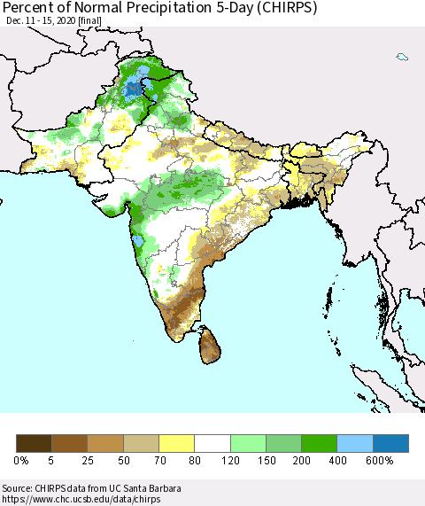 Southern Asia Percent of Normal Precipitation 5-Day (CHIRPS) Thematic Map For 12/11/2020 - 12/15/2020
