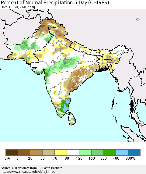 Southern Asia Percent of Normal Precipitation 5-Day (CHIRPS) Thematic Map For 12/16/2020 - 12/20/2020