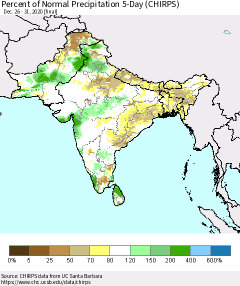 Southern Asia Percent of Normal Precipitation 5-Day (CHIRPS) Thematic Map For 12/26/2020 - 12/31/2020