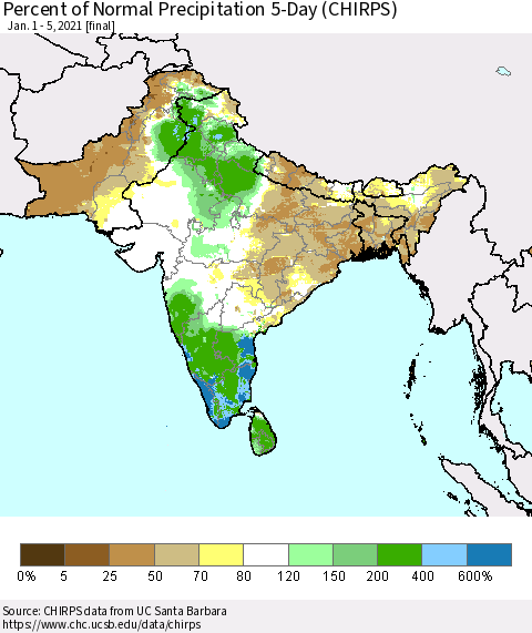 Southern Asia Percent of Normal Precipitation 5-Day (CHIRPS) Thematic Map For 1/1/2021 - 1/5/2021