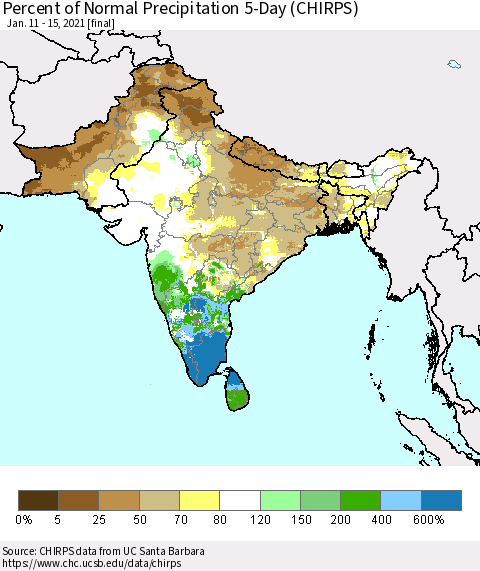 Southern Asia Percent of Normal Precipitation 5-Day (CHIRPS) Thematic Map For 1/11/2021 - 1/15/2021