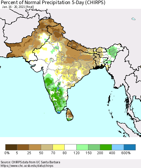 Southern Asia Percent of Normal Precipitation 5-Day (CHIRPS) Thematic Map For 1/16/2021 - 1/20/2021