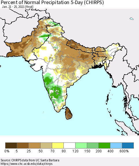 Southern Asia Percent of Normal Precipitation 5-Day (CHIRPS) Thematic Map For 1/21/2021 - 1/25/2021