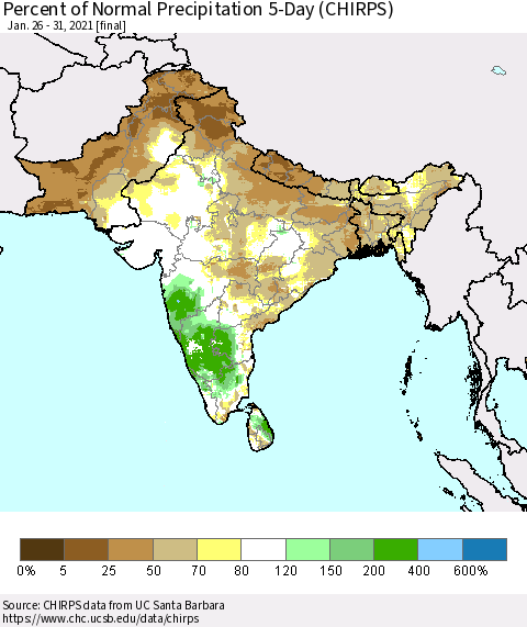 Southern Asia Percent of Normal Precipitation 5-Day (CHIRPS) Thematic Map For 1/26/2021 - 1/31/2021
