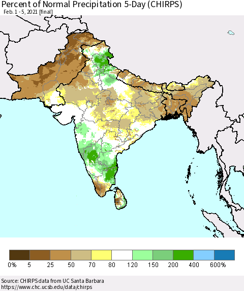 Southern Asia Percent of Normal Precipitation 5-Day (CHIRPS) Thematic Map For 2/1/2021 - 2/5/2021