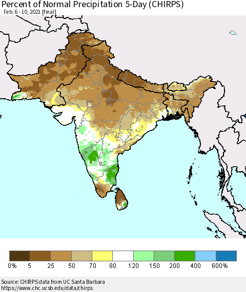 Southern Asia Percent of Normal Precipitation 5-Day (CHIRPS) Thematic Map For 2/6/2021 - 2/10/2021