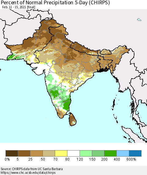 Southern Asia Percent of Normal Precipitation 5-Day (CHIRPS) Thematic Map For 2/11/2021 - 2/15/2021