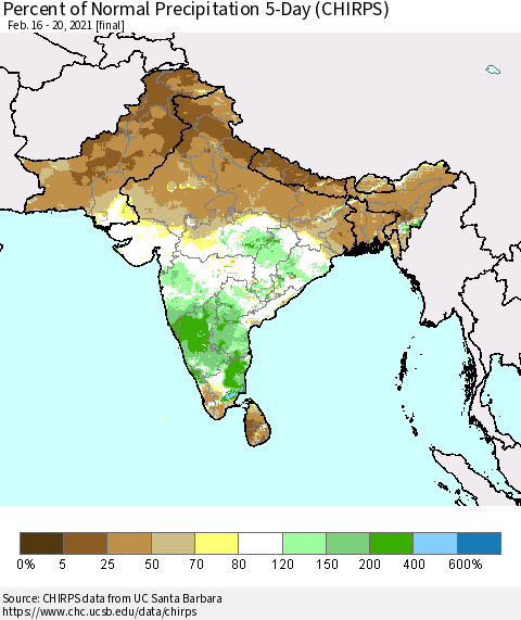 Southern Asia Percent of Normal Precipitation 5-Day (CHIRPS) Thematic Map For 2/16/2021 - 2/20/2021