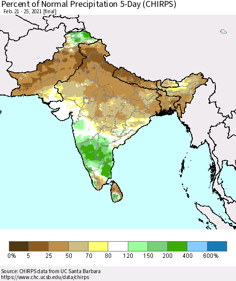 Southern Asia Percent of Normal Precipitation 5-Day (CHIRPS) Thematic Map For 2/21/2021 - 2/25/2021