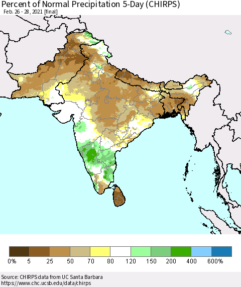 Southern Asia Percent of Normal Precipitation 5-Day (CHIRPS) Thematic Map For 2/26/2021 - 2/28/2021