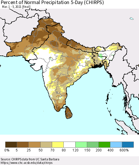 Southern Asia Percent of Normal Precipitation 5-Day (CHIRPS) Thematic Map For 3/1/2021 - 3/5/2021