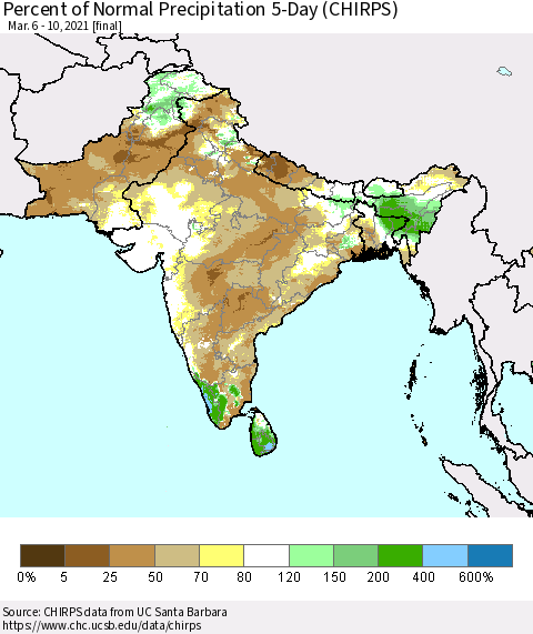 Southern Asia Percent of Normal Precipitation 5-Day (CHIRPS) Thematic Map For 3/6/2021 - 3/10/2021
