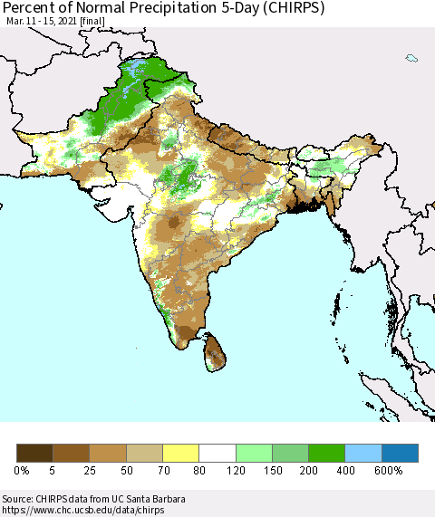 Southern Asia Percent of Normal Precipitation 5-Day (CHIRPS) Thematic Map For 3/11/2021 - 3/15/2021