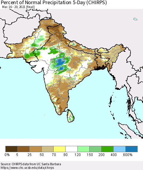 Southern Asia Percent of Normal Precipitation 5-Day (CHIRPS) Thematic Map For 3/16/2021 - 3/20/2021