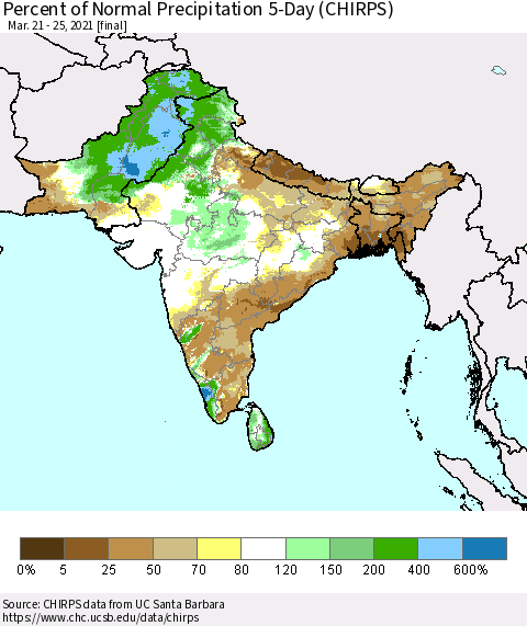 Southern Asia Percent of Normal Precipitation 5-Day (CHIRPS) Thematic Map For 3/21/2021 - 3/25/2021