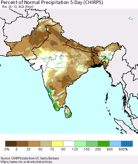 Southern Asia Percent of Normal Precipitation 5-Day (CHIRPS) Thematic Map For 3/26/2021 - 3/31/2021