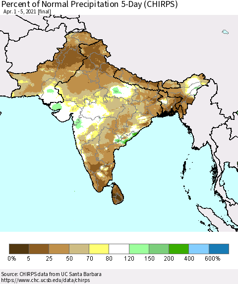 Southern Asia Percent of Normal Precipitation 5-Day (CHIRPS) Thematic Map For 4/1/2021 - 4/5/2021