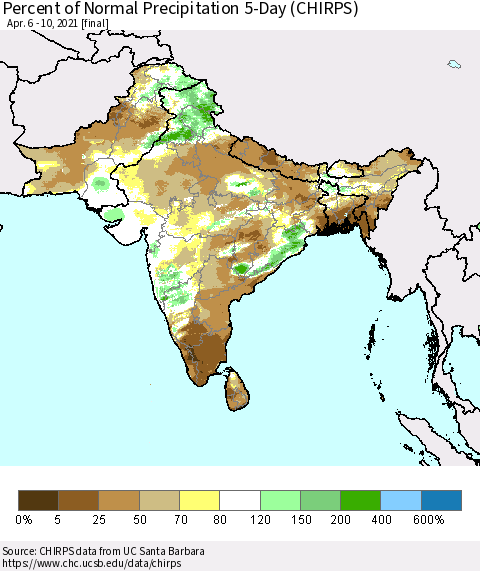 Southern Asia Percent of Normal Precipitation 5-Day (CHIRPS) Thematic Map For 4/6/2021 - 4/10/2021