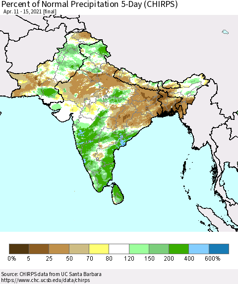 Southern Asia Percent of Normal Precipitation 5-Day (CHIRPS) Thematic Map For 4/11/2021 - 4/15/2021
