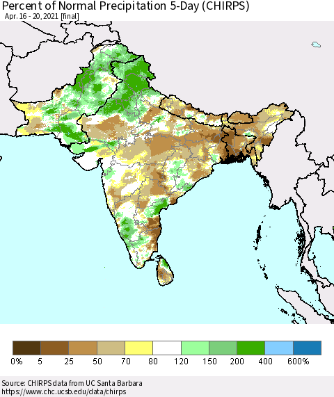 Southern Asia Percent of Normal Precipitation 5-Day (CHIRPS) Thematic Map For 4/16/2021 - 4/20/2021