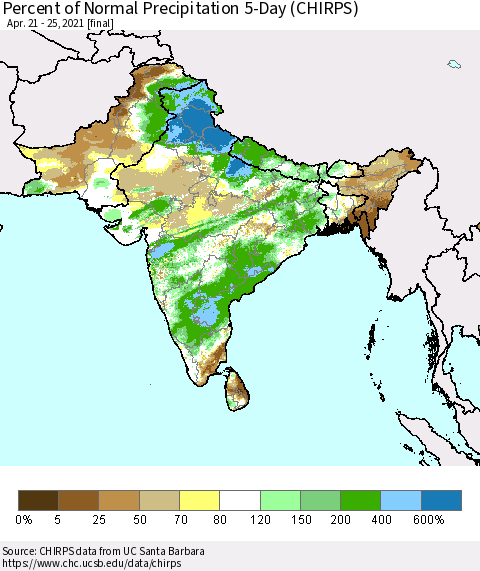 Southern Asia Percent of Normal Precipitation 5-Day (CHIRPS) Thematic Map For 4/21/2021 - 4/25/2021