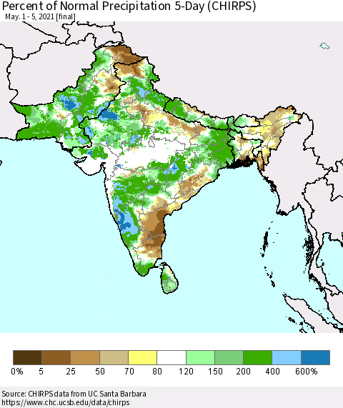 Southern Asia Percent of Normal Precipitation 5-Day (CHIRPS) Thematic Map For 5/1/2021 - 5/5/2021