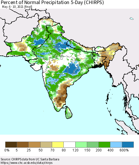 Southern Asia Percent of Normal Precipitation 5-Day (CHIRPS) Thematic Map For 5/6/2021 - 5/10/2021
