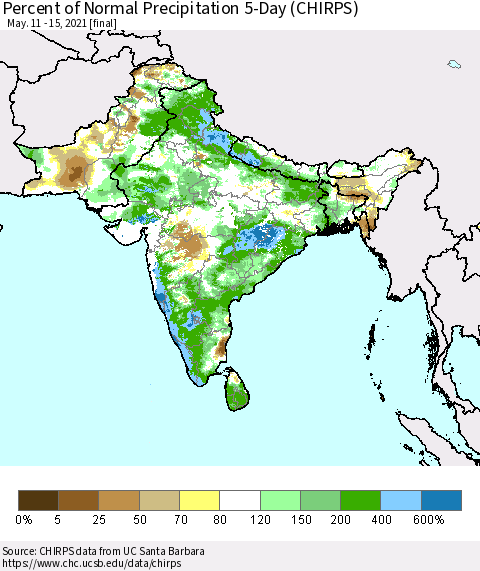 Southern Asia Percent of Normal Precipitation 5-Day (CHIRPS) Thematic Map For 5/11/2021 - 5/15/2021
