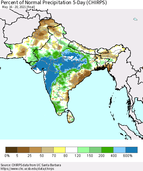 Southern Asia Percent of Normal Precipitation 5-Day (CHIRPS) Thematic Map For 5/16/2021 - 5/20/2021