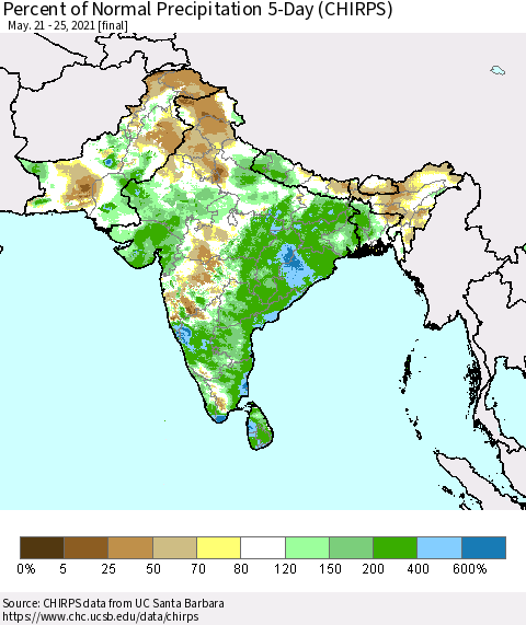 Southern Asia Percent of Normal Precipitation 5-Day (CHIRPS) Thematic Map For 5/21/2021 - 5/25/2021