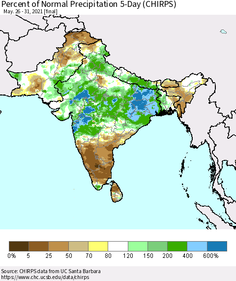 Southern Asia Percent of Normal Precipitation 5-Day (CHIRPS) Thematic Map For 5/26/2021 - 5/31/2021