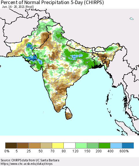 Southern Asia Percent of Normal Precipitation 5-Day (CHIRPS) Thematic Map For 6/16/2021 - 6/20/2021