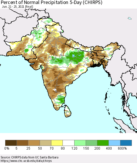 Southern Asia Percent of Normal Precipitation 5-Day (CHIRPS) Thematic Map For 6/21/2021 - 6/25/2021