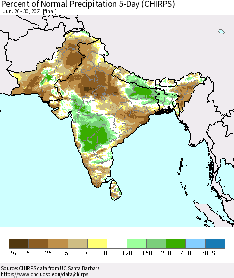 Southern Asia Percent of Normal Precipitation 5-Day (CHIRPS) Thematic Map For 6/26/2021 - 6/30/2021